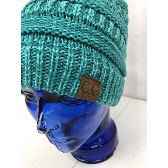 CC Hat Beanie Warm Chunky Soft Stretch Cable Knit Green - Picture 3 of 7